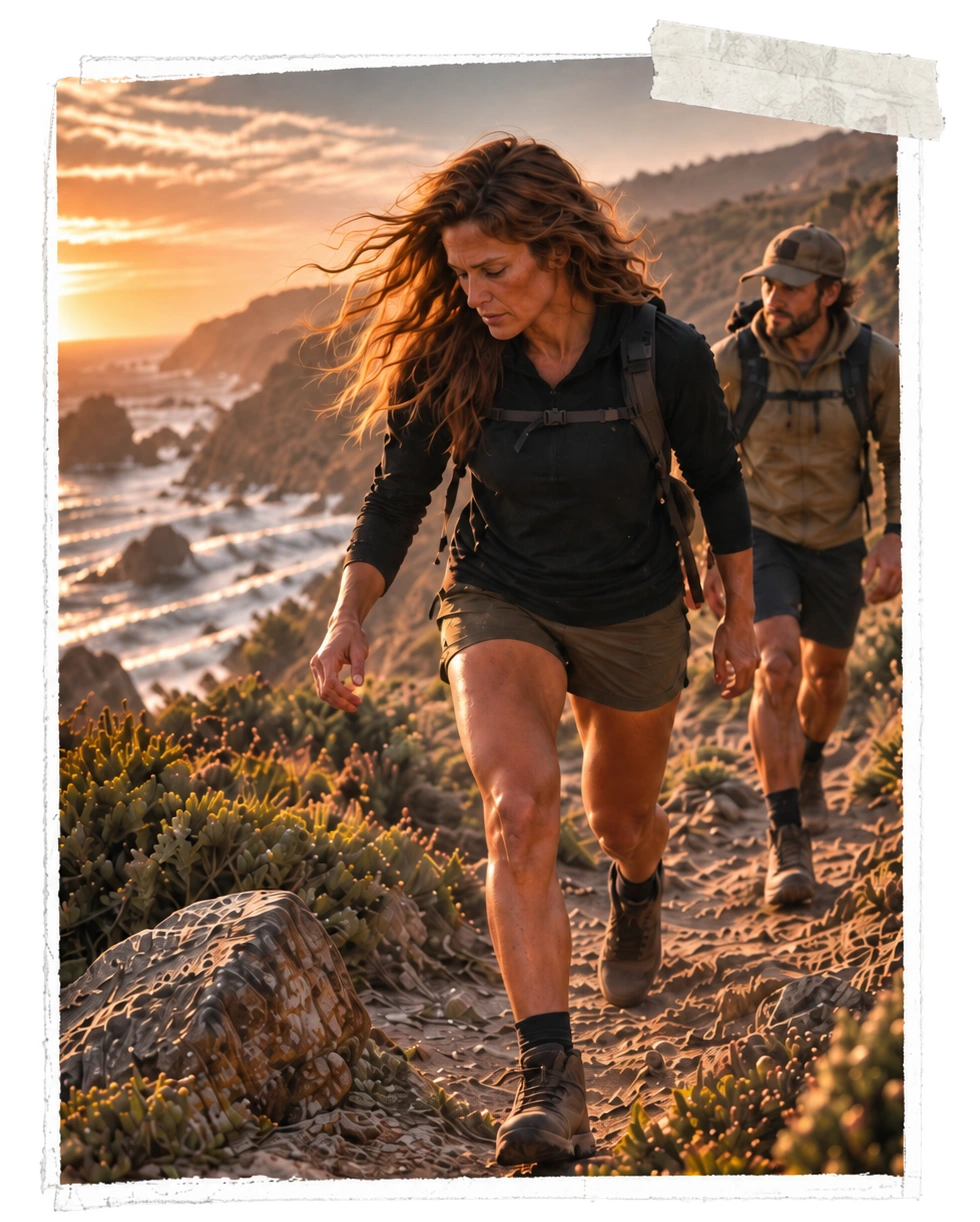 A pair of hikers moving along a coastal trail.