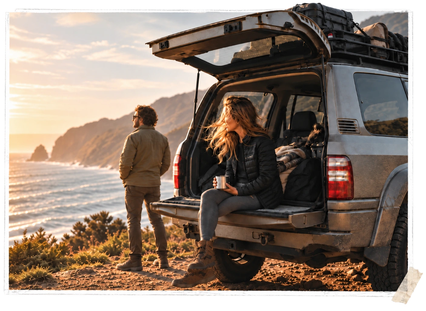 Two travelers beside an off-road vehicle at a coastal overlook.