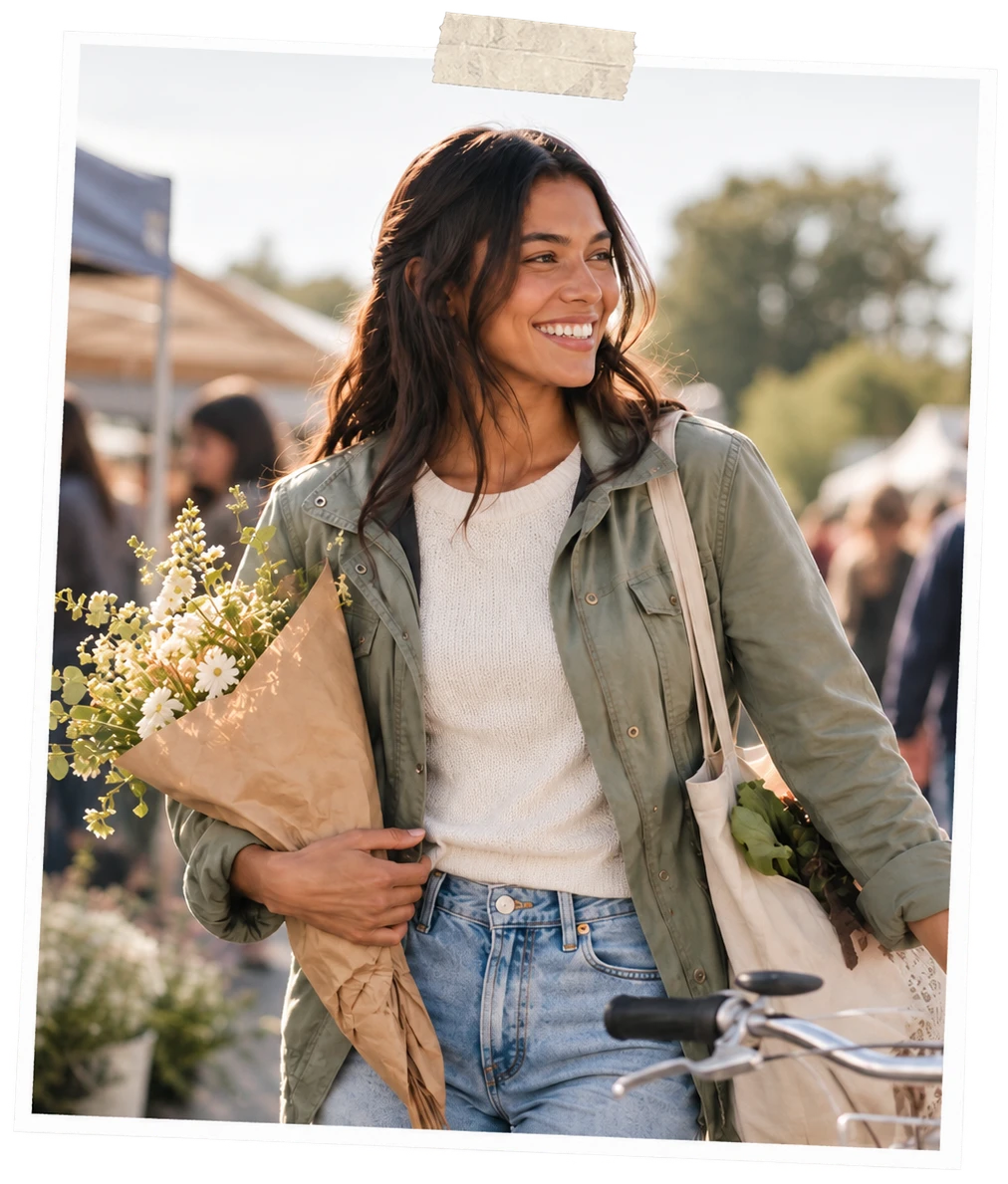 Woman carrying flowers through an outdoor market.