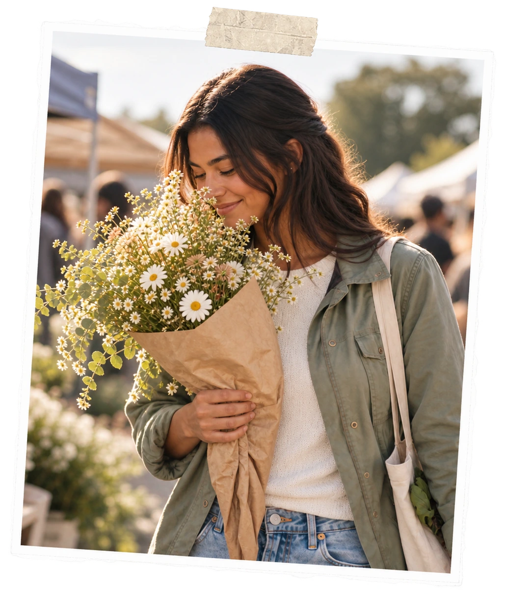 Woman pausing to smell a bouquet at the market.