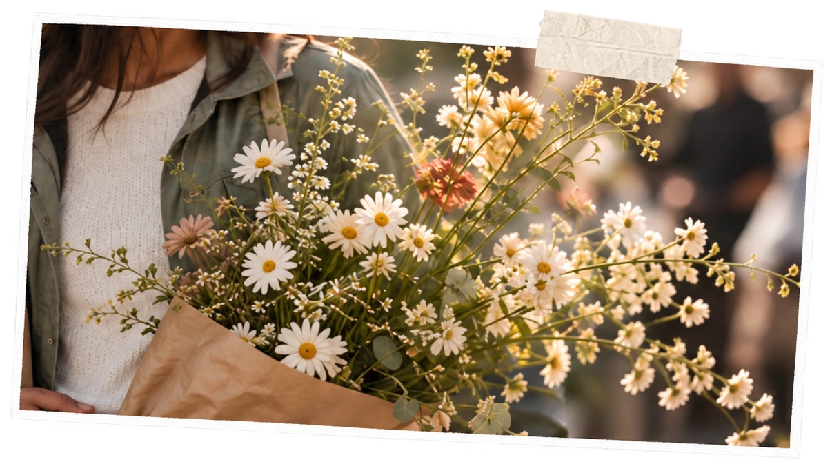 Close detail of the market bouquet and wildflowers.