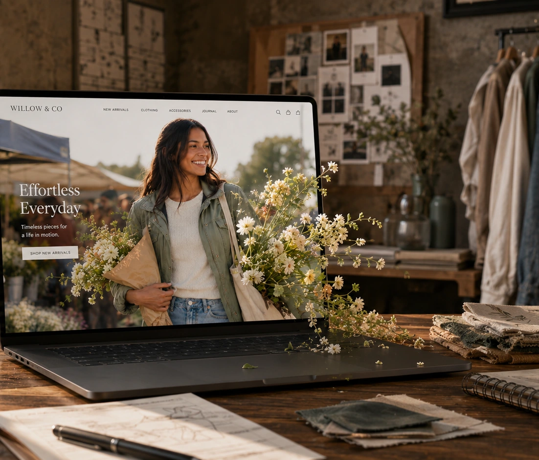 Finished market website direction displayed on a laptop in the studio.