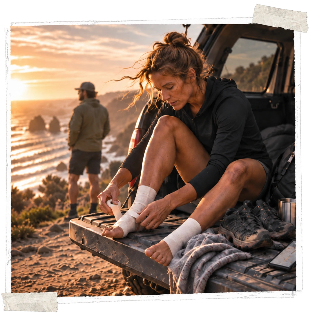 A hiker taping her foot at the open tailgate after the hike.